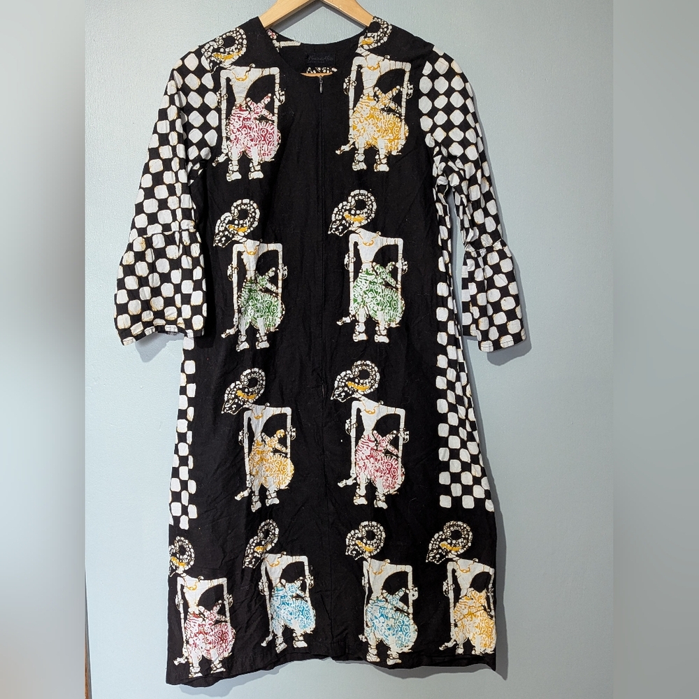 Indonesian Wayang Kulit Batik Pattern Dress Polka Dot Bell Sleeves Women's